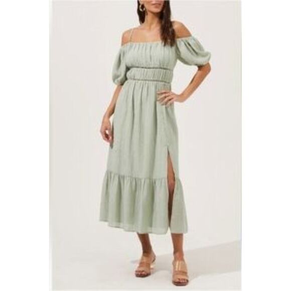 Astr The Label Sage Green Midi Dress Off Shoulder Size Small Tiered Front Split - Picture 1 of 6
